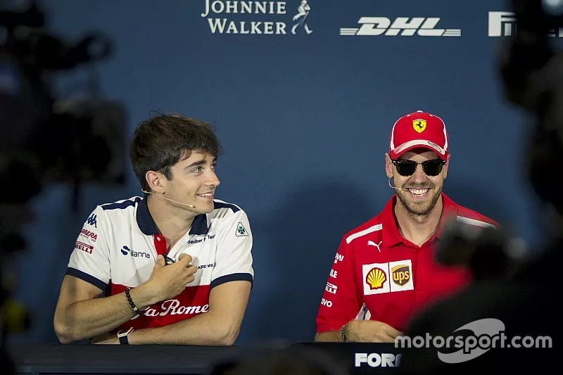 Charles Leclerc, Sauber et Sebastian Vettel, Ferrari  lors de la conf&eacute;rence de presse