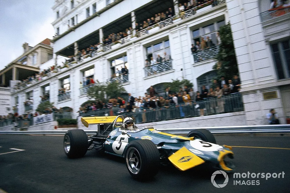 Jack Brabham with damage to the front of his Brabham BT33 Ford