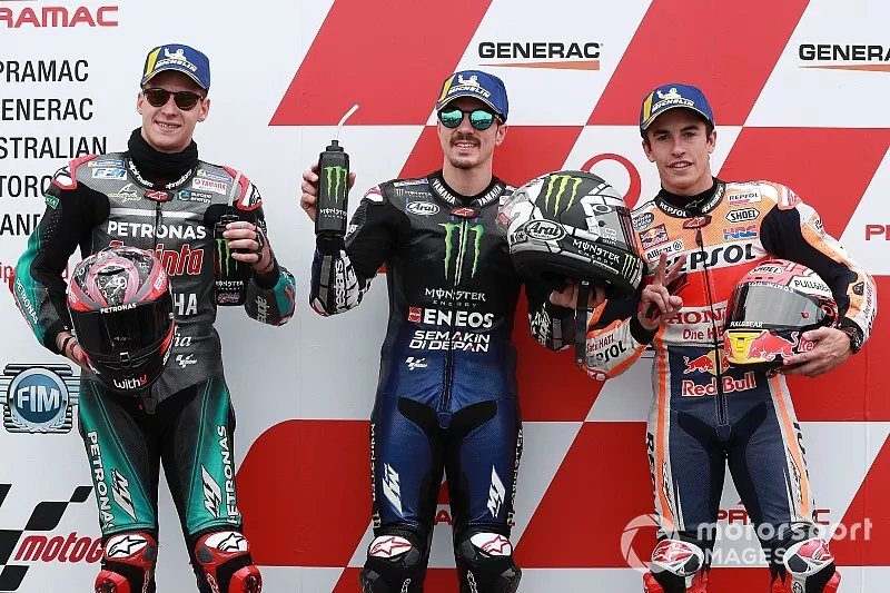 Polesitter Maverick Vinales, Yamaha Factory Racing, second place Fabio Quartararo, Petronas Yamaha SRT, third place Marc Marquez, Repsol Honda Team
