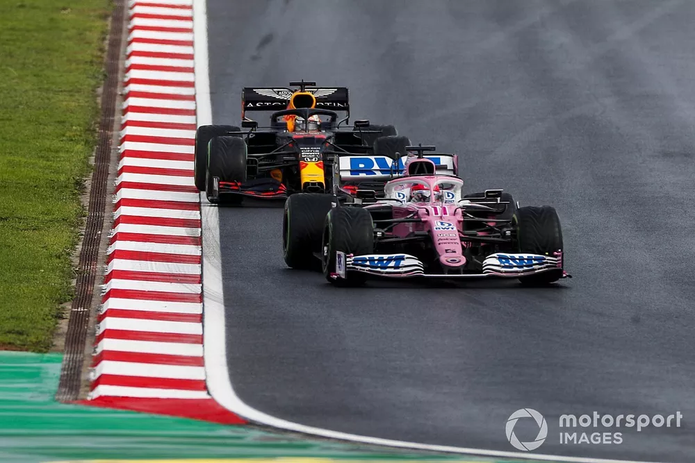 Sergio Perez, Racing Point RP20, leads, Max Verstappen, Red Bull Racing RB16