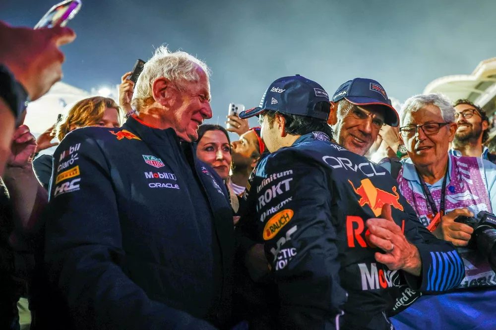 Helmut Marko, Consultant, Red Bull Racing, Sergio Perez, Red Bull Racing, 2nd position, Adrian Newey, Chief Technology Officer, Red Bull Racing, celebrate in Parc Ferme