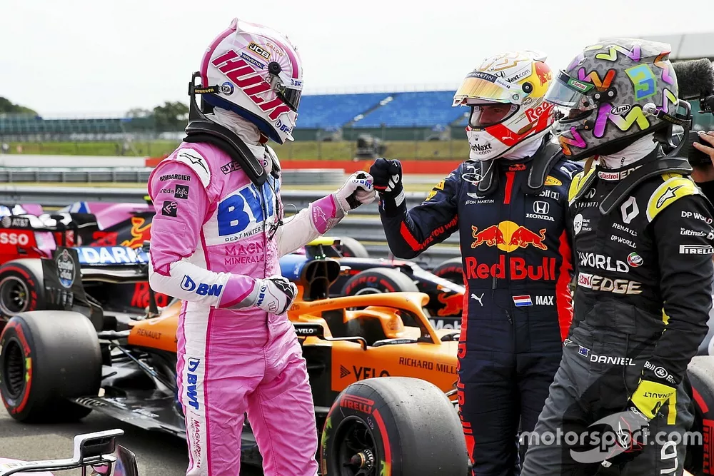 Nico Hulkenberg, Racing Point celebrates in Parc Ferme with Max Verstappen, Red Bull Racing and Daniel Ricciardo, Renault F1