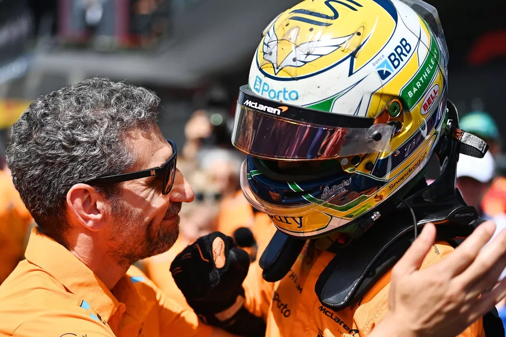 Race winner Gabriel Bortoleto of Brazil and Invicta Racing (10) celebrates with McLaren Team Principal Andrea Stella in parc ferme
