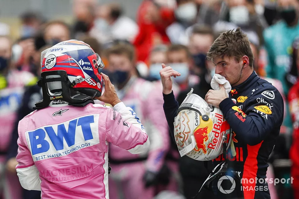 Max Verstappen, Red Bull Racing, Sergio Perez, Racing Point, 2nd position, in Parc Ferme