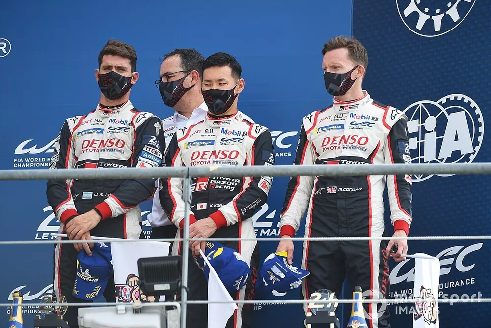 Third place #7 Toyota Gazoo Racing Toyota TS050: Mike Conway, Kamui Kobayashi, Jose Maria Lopez, and team boss Rob Leupen