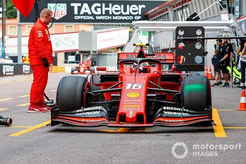 Charles Leclerc, Ferrari SF90, in the pits during practice