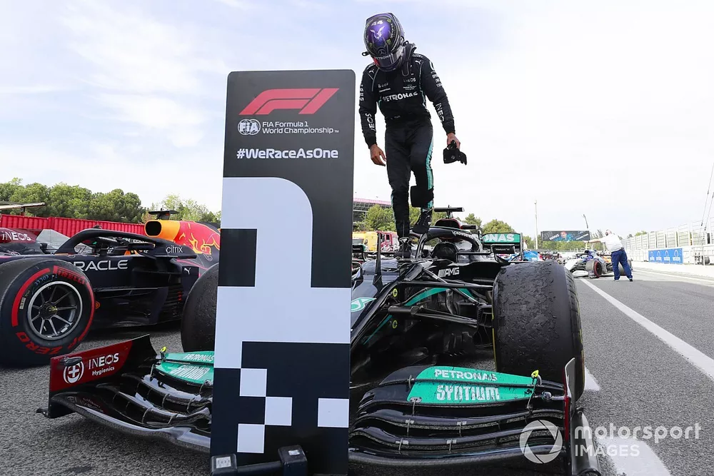 Lewis Hamilton, Mercedes, 1st position, celebrates upon arrival in Parc Ferme