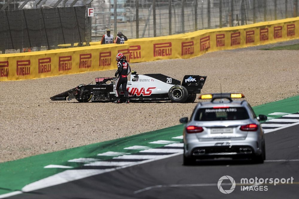 Kevin Magnussen, Haas VF-20, in the gravel after crashing out