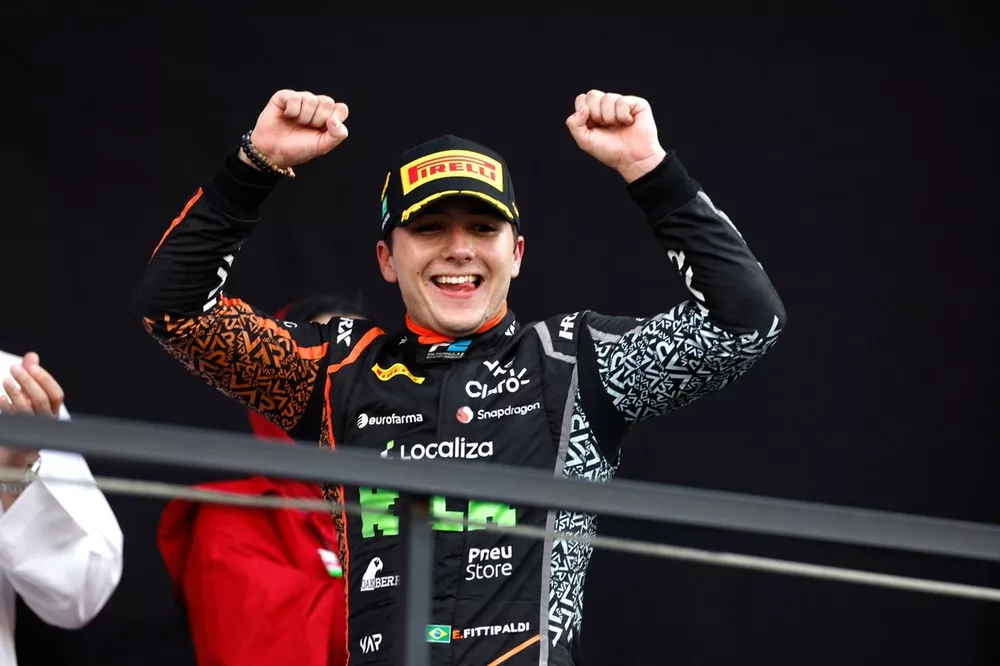 Enzo Fittipaldi, Van Amersfoort Racing, 1st position, celebrates on the podium 