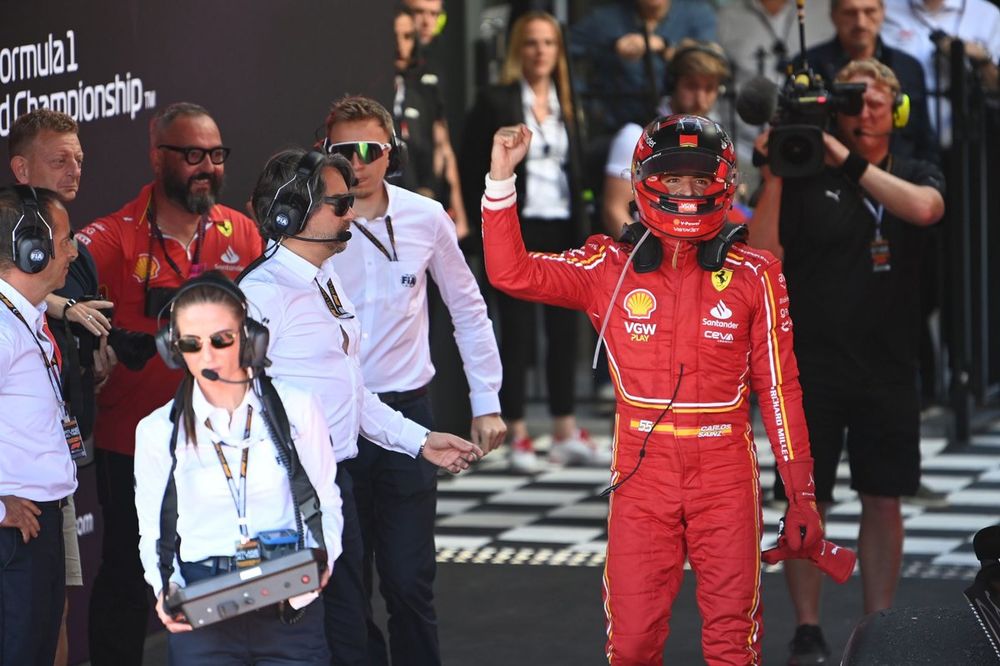 Carlos Sainz, Scuderia Ferrari, 1st position, celebrates on arrival in Parc Ferme