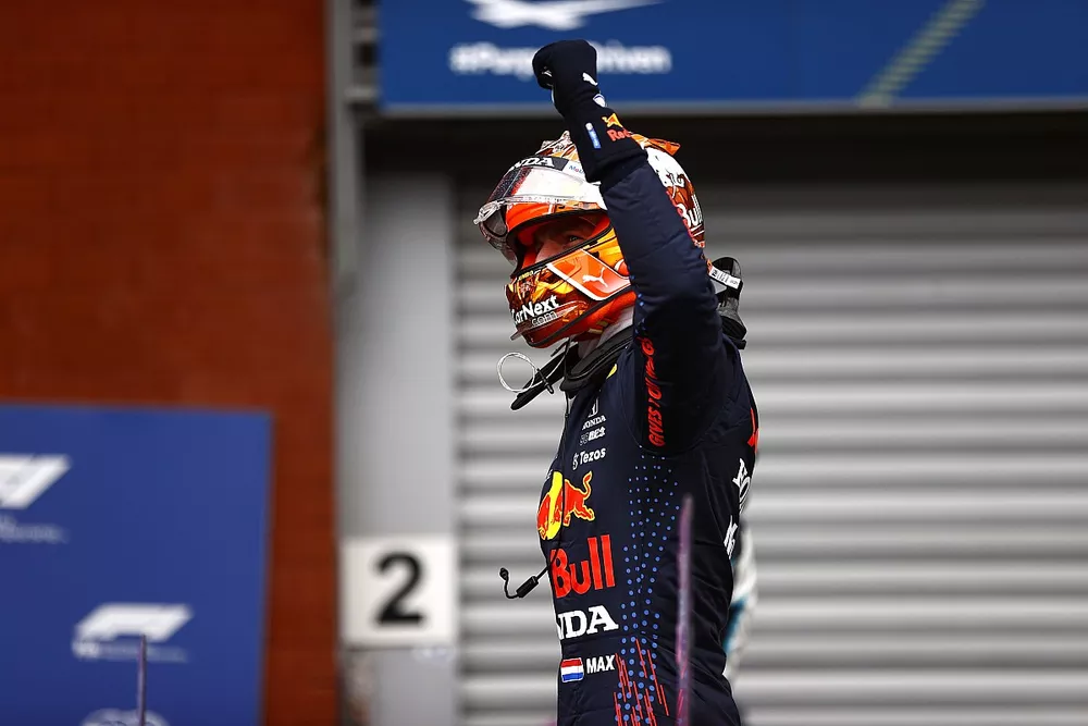 Pole man Max Verstappen, Red Bull Racing, celebrates in Parc Ferme