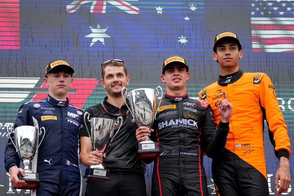 Podium: Race winner James Wharton, ART Grand Prix, second place Alessandro Giusti, MP Motorsport, 3rd place Ugo Ugochukwu, PREMA Racing, Adrien Leclerc, Mechanic at ART Grand Prix