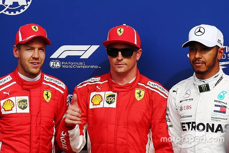Polesitter Kimi Raikkonen, Ferrari SF71H, second place Sebastian Vettel, Ferrari SF71H, third place Lewis Hamilton, Mercedes AMG F1
