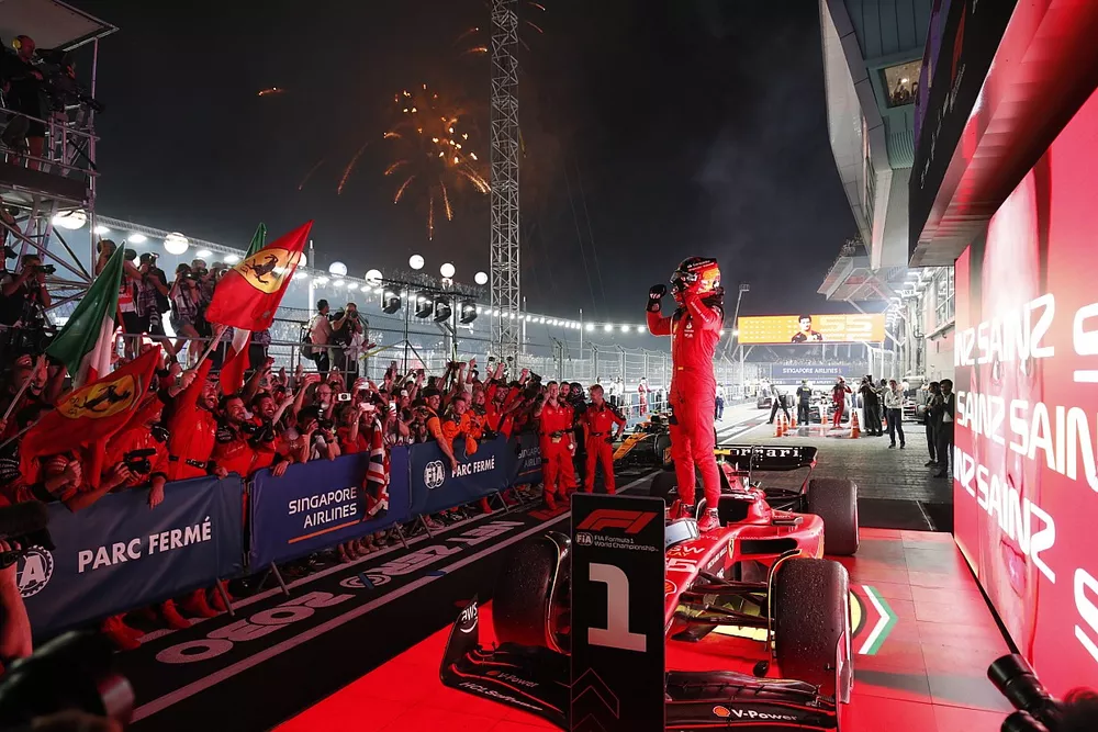 Carlos Sainz, Scuderia Ferrari, 1st position, celebrates on arrival in Parc Ferme