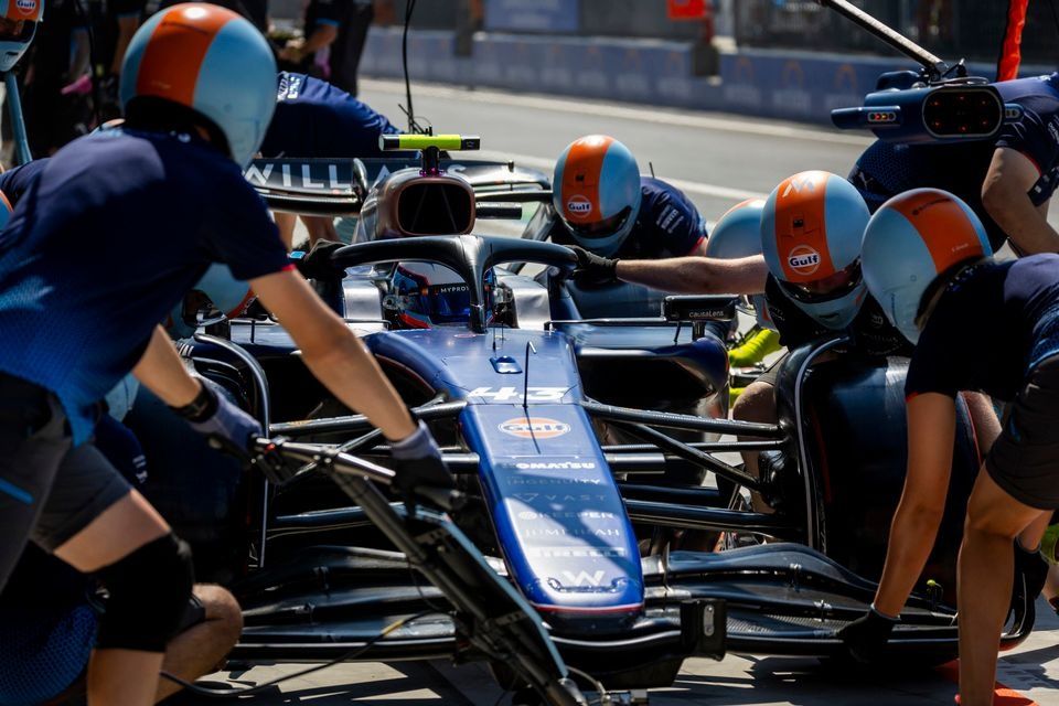 Franco Colapinto, Williams FW46, in the pit lane for a pit stop