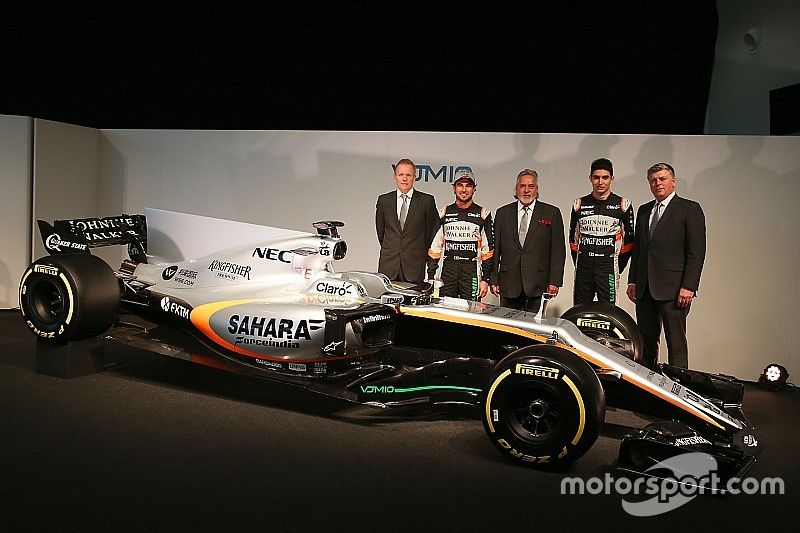 (L to R): Andrew Green, Sahara Force India F1 Team Technical Director; Sergio Perez, Sahara Force India F1 VJM10; Dr. Vijay Mallya, Sahara Force India F1 Team Owner; Esteban Ocon, Sahara Force India F1 Team; Otmar Szafnauer, Sahara Force India F1 Chief Operating Officer, and the Sahara Force India F1 VJM10