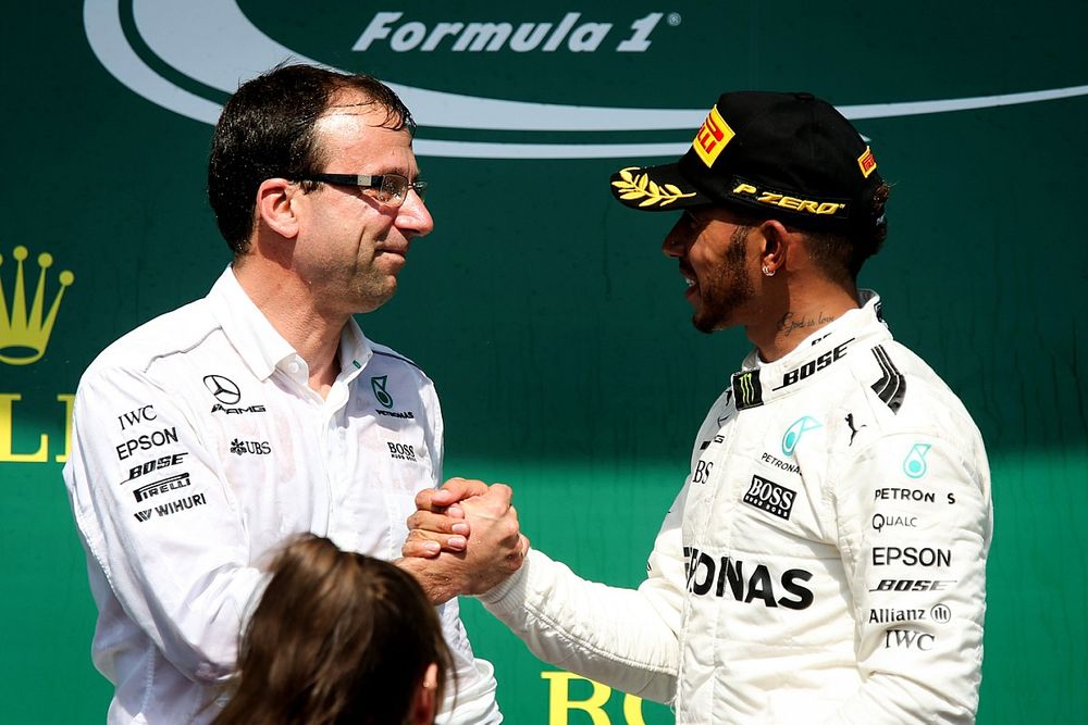Lewis Hamilton, Mercedes AMG F1 celebrates on the podium, Loic Serra, Mercedes AMG F1 Head of Vehicl