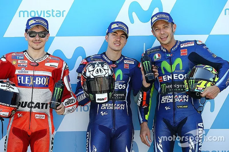 Polesitter Maverick Vi&ntilde;ales, Yamaha Factory Racing, second place Jorge Lorenzo, Ducati Team, third place Valentino Rossi, Yamaha Factory Racing