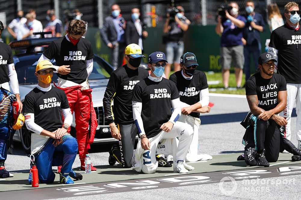 Lando Norris, McLaren, Esteban Ocon, Renault F1, Nicholas Latifi, Williams Racing, George Russell, Williams Racing, and Lewis Hamilton, Mercedes-AMG Petronas F1, take a knee in support of the End Racism campaign