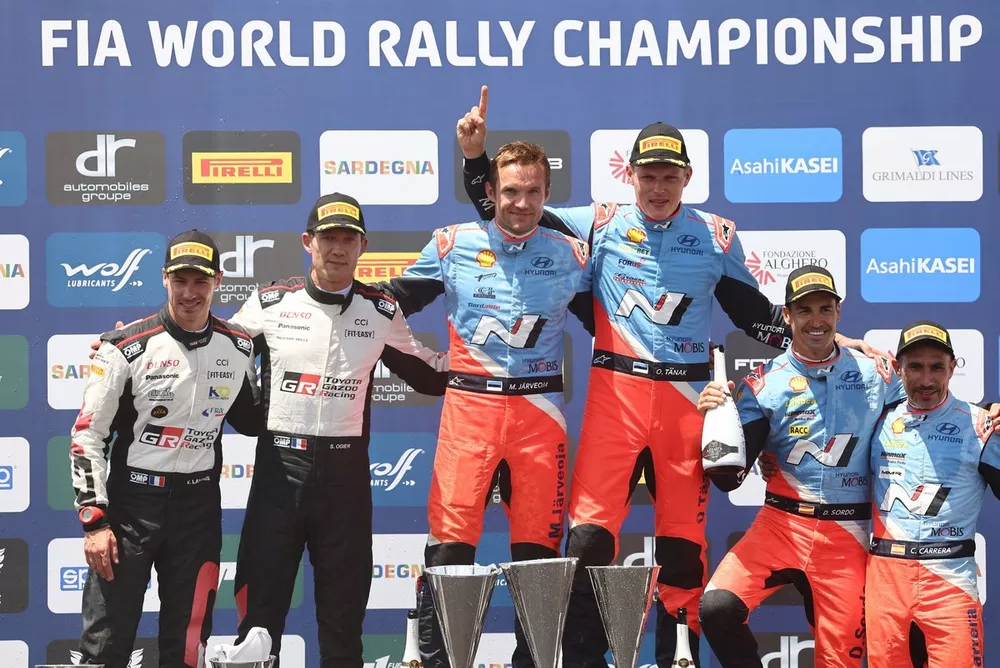 Podium: Winner Ott T&auml;nak, Martin J&auml;rveoja, Hyundai World Rally Team Hyundai i20 N Rally1, second place S&eacute;bastien Ogier, Vincent Landais, Toyota Gazoo Racing WRT Toyota GR Yaris Rally1, third place Dani Sordo, Candido Carrera, Hyundai World Rally Team Hyundai i20 N Rally1