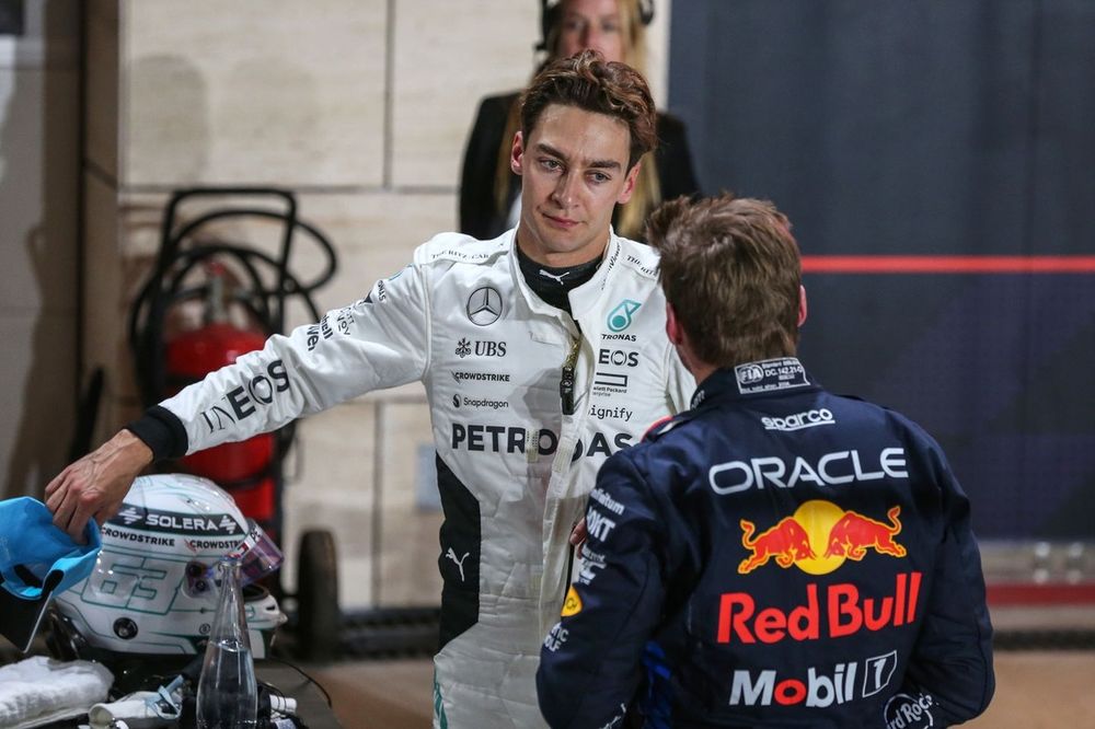 Pole man Max Verstappen, Red Bull Racing, George Russell, Mercedes-AMG F1 Team, talk in Parc Ferme 