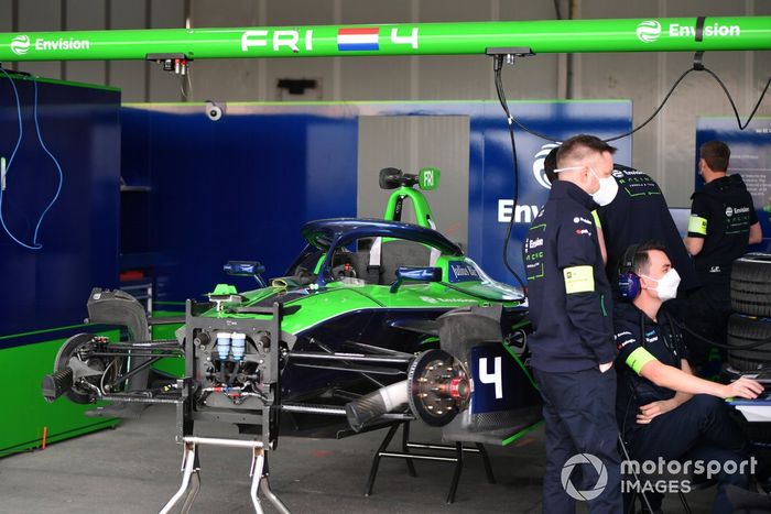 The car of Robin Frijns, Envision Racing, Audi e-tron FE07, in the garage