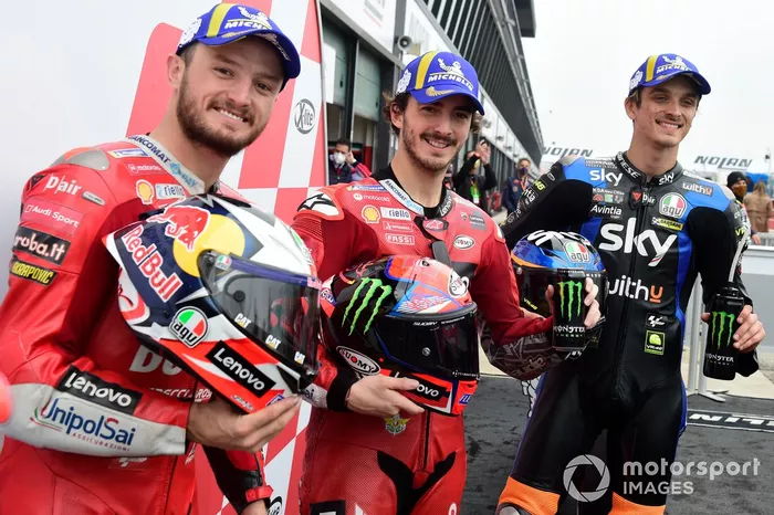 Top3: Ganador de la pole Francesco Bagnaia, Ducati Team,  segundo Jack Miller, Ducati Team, tercero Luca Marini, Esponsorama Racing