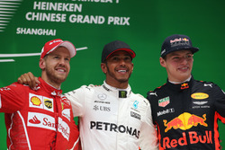 Себастьян Феттель, Ferrari, Льюіс Хемілтон, Mercedes AMG, Макс Ферстаппен, Red Bull Racing, на подіу