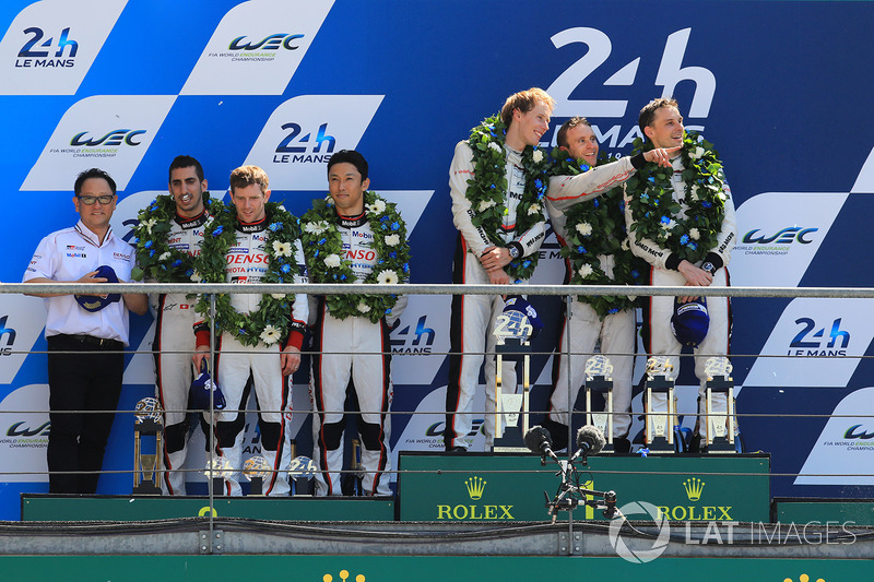 Podium: race winners Timo Bernhard, Earl Bamber, Brendon Hartley, Porsche Team, second Sébastien Buemi, Anthony Davidson, Kazuki Nakajima, Toyota Gazoo Racing