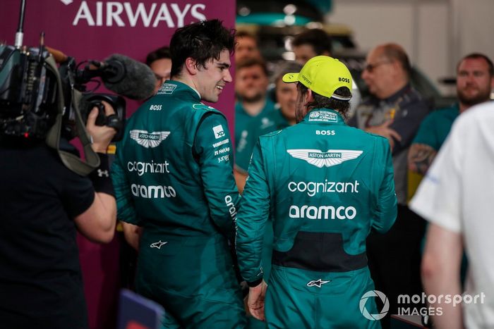Lance Stroll, Aston Martin F1 Team, Fernando Alonso, Aston Martin F1 Team, charla en el Parc Ferme tras la Calificación