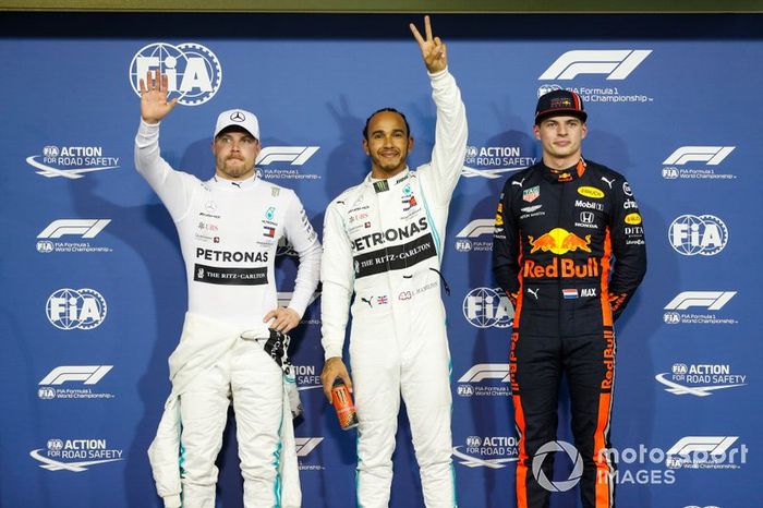 Top 3 después de la calificación, Lewis Hamilton, Mercedes AMG F1, Valtteri Bottas, Mercedes AMG F1 y Max Verstappen, Red Bull Racing 