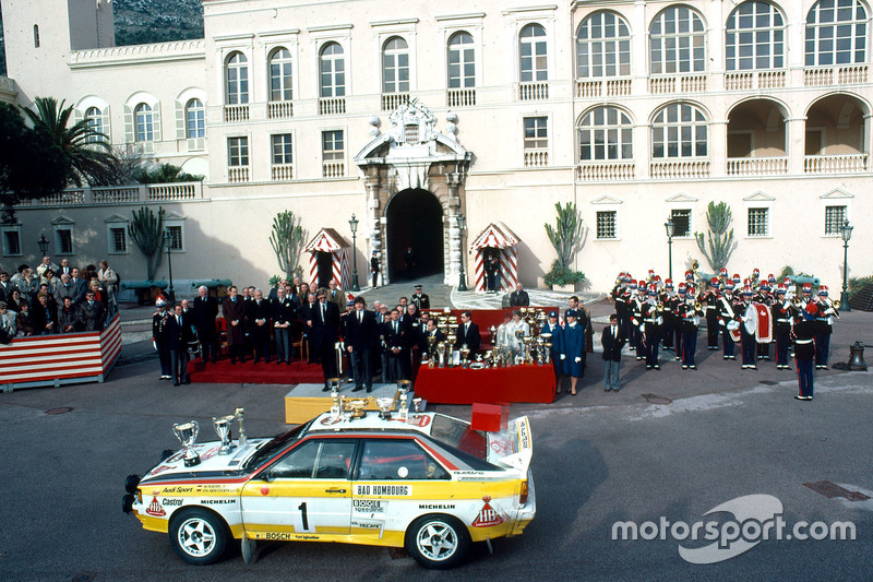 Walter Röhrl, Christian Geistdörfer, Audi bei der Siegerehrung