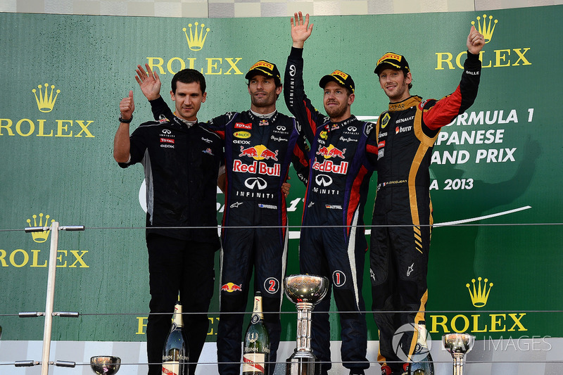 Remi Taffin, Head of Renault Sport F1 Track Operations, Mark Webber, Red Bull Racing, race winner Sebastian Vettel, Red Bull Racing and Romain Grosjean, Lotus F1 celebrate on the podium