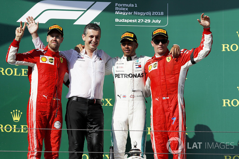 12. GP Hongaria - Podium: Lewis Hamilton, Sebastian Vettel, Kimi Raikkonen