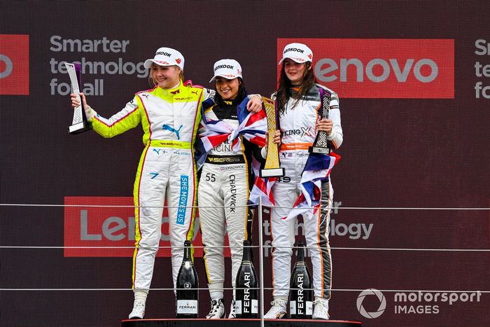 Podio: ganadora de la carrera Jamie Chadwick, Jenner Racing, segundo puesto Emma Kimilainen, Jaguar W Series Team, tercer puesto Abbi Pulling, Racing X