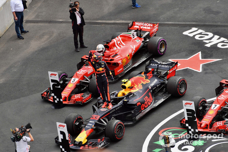 Max Verstappen, Red Bull Racing RB14 celebrates in Parc Ferme 