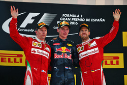 The podium, Ferrari, second; Max Verstappen, Red Bull Racing, race winner; Sebastian Vettel, Ferrari