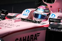 Sergio Perez, Sahara Force India VJM10 arrives in parc ferme