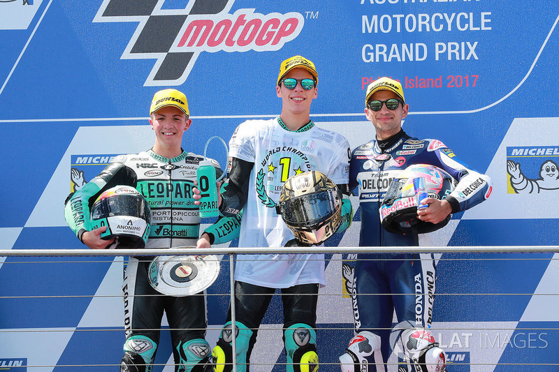 Ganador de la carrera Joan Mir, Leopard Racing, segundo lugar Livio Loi, Leopard Racing, tercer lugar Jorge Martin, Del Conca Gresini Racing Moto3