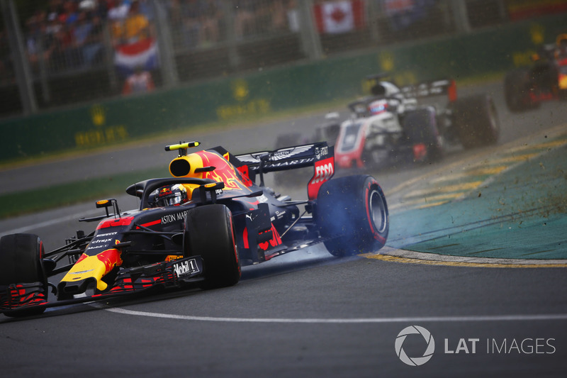 Max Verstappen, Red Bull Racing RB14 Tag Heuer, spins in the path of Romain Grosjean, Haas F1 Team V