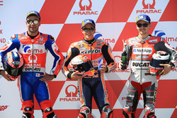 Pole sitter Marc Marquez, Repsol Honda Team, second place Danilo Petrucci, Pramac Racing, third place Jorge Lorenzo, Ducati Team