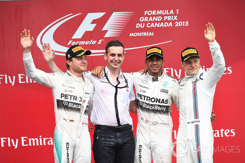 Podium: race winner Lewis Hamilton, Mercedes AMG F1, second place Nico Rosberg, Mercedes AMG F1, Riccardo Mosconi,) Mercedes AMG F1 Data Engineer, third place Valtteri Bottas, Williams