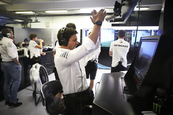 Toto Wolff, Executive Director, Mercedes AMG, celebrates as his drivers take the front row