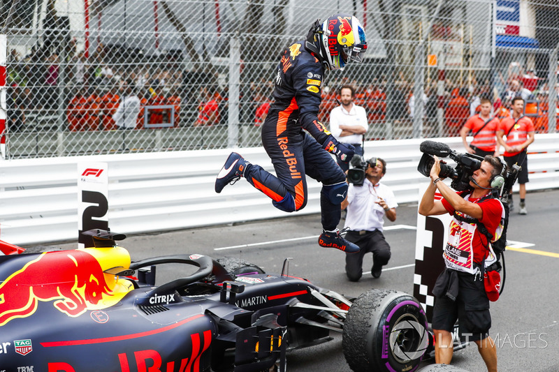 Ricciardo celebrates winning at Monaco in 2018 for Red Bull