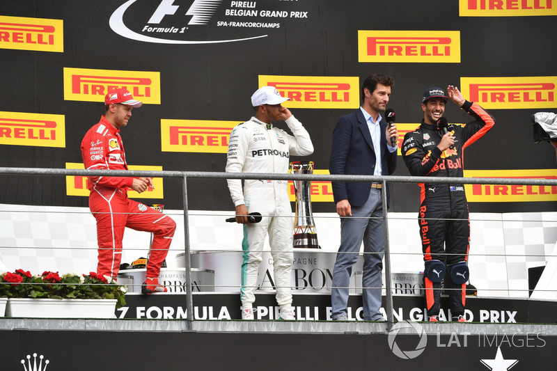 Sebastian Vettel, Ferrari, Lewis Hamilton, Mercedes AMG F1, Mark Webber, Daniel Ricciardo, Red Bull Racing on the podium