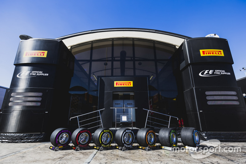 The new range of Pirelli P-Zero tyres outside the Pirelli hospitality area in the paddock