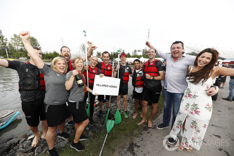 The McLaren raft team celebrate victory, Eric Boullier, Racing Director, McLaren