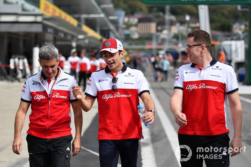 Charles Leclerc, Sauber walks the track with Xevi Pujolar, Sauber Head of Track Engineering