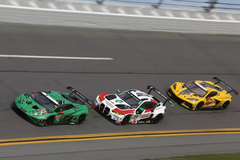 #63 Iron Lynx Lamborghini Huracan GT3 EVO2: Jordan Pepper, Romain Grosjean, Mirko Bortolotti, Andrea Caldarelli, #1 Paul Miller Racing BMW M4 GT3: Bryan Sellers, Madison Snow, Corey Lewis, Maxime Martin, #3 Corvette Racing Corvette C8.R GTD: Antonio Garcia, Jordan Taylor, Tommy Milner