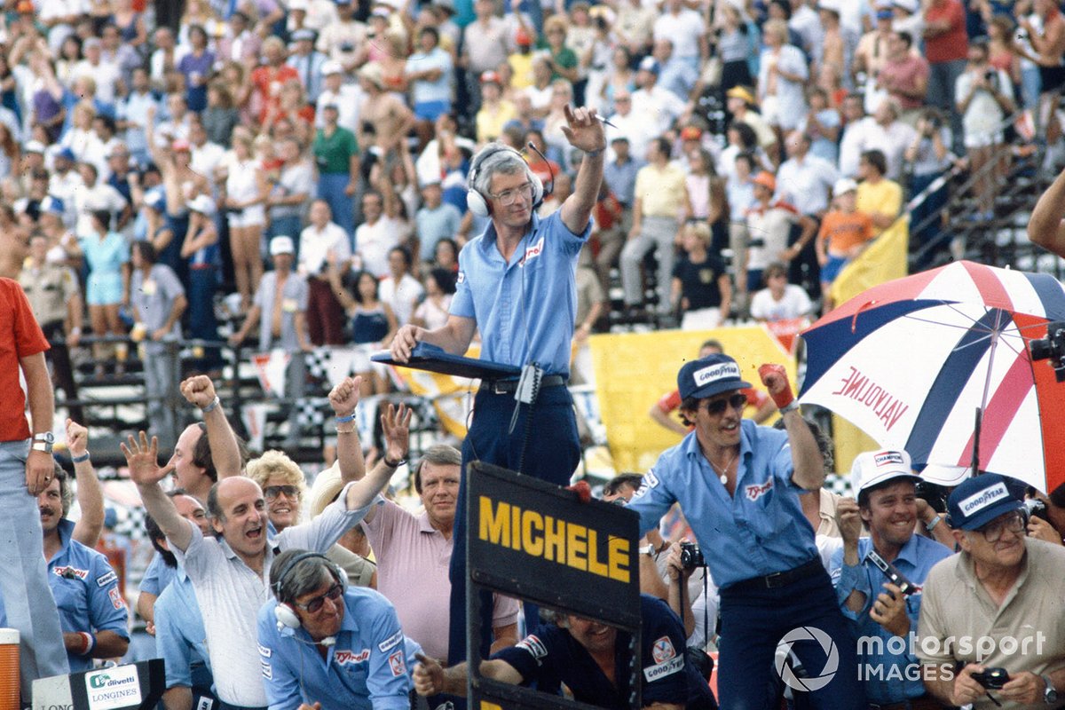 Ken Tyrrell (bottom) and race engineer Brian Lisles (standing highest) remained big fans of Michele, even after he left for Ferrari.